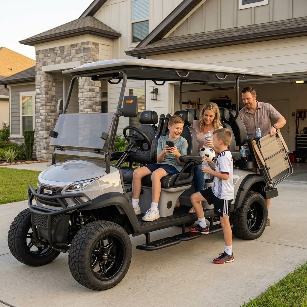A family loading sports gear into a six-seater electric golf cart in a suburban Gretna driveway.