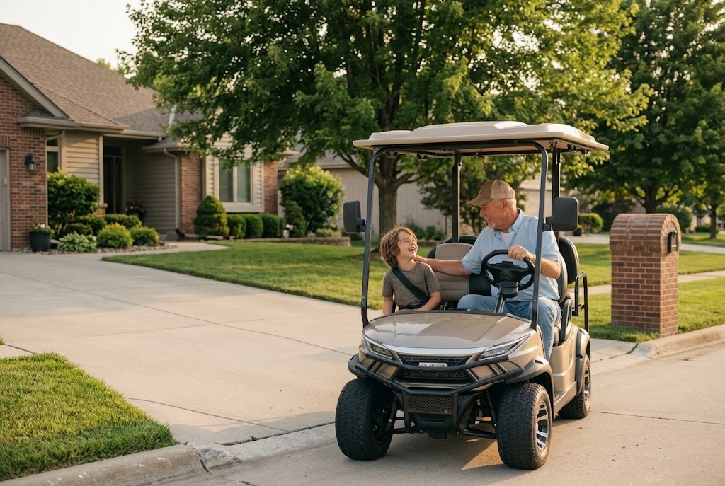 A grandfather behind the wheel of an electric golf cart with a young grandchild in the passenger seat in a Papillion neighborhood.