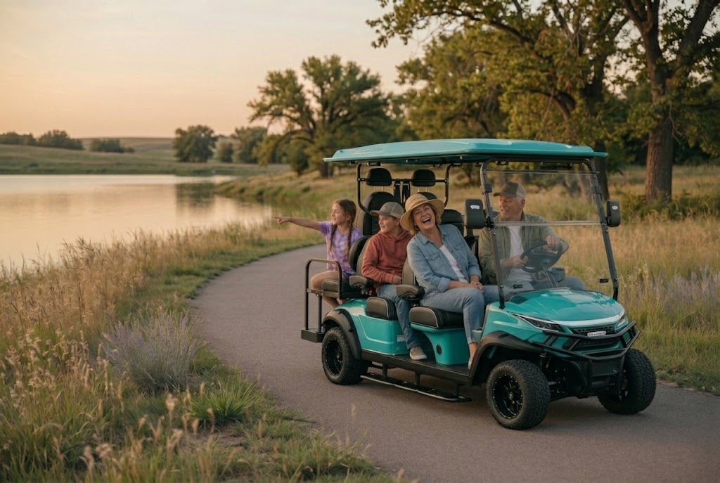 Active senior couple riding a modern electric golf cart along a paved trail at Walnut Creek Lake in Papillion, Nebraska on a golden spring morning.
