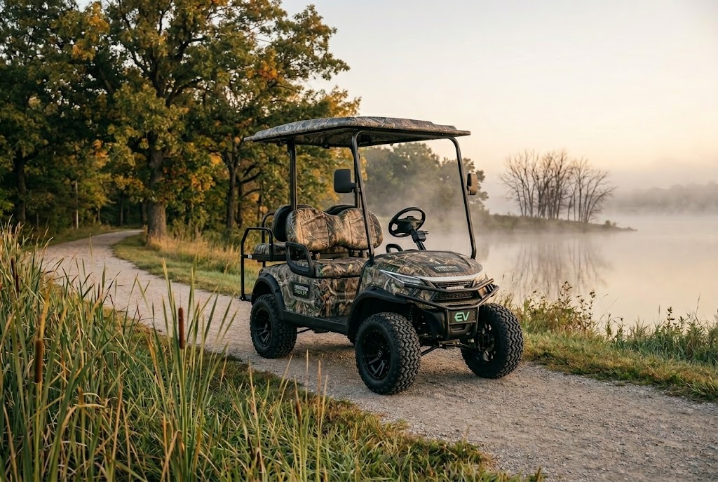 A modern electric LSV parked along a quiet trail near Walnut Creek Lake at sunrise.