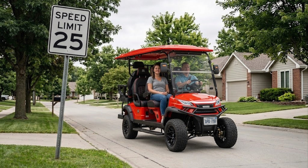 A street-legal LSV with full lighting, mirrors, and a windshield approaching a 25 mph speed-limit sign on a quiet Papillion residential street.
